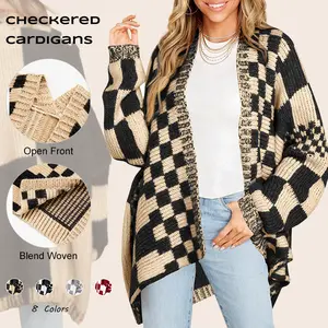 Imily Bela Womens Checkered Sweater Color Block Plaid Cardigans Oversized Long Sleeve Knit Open Front Coat