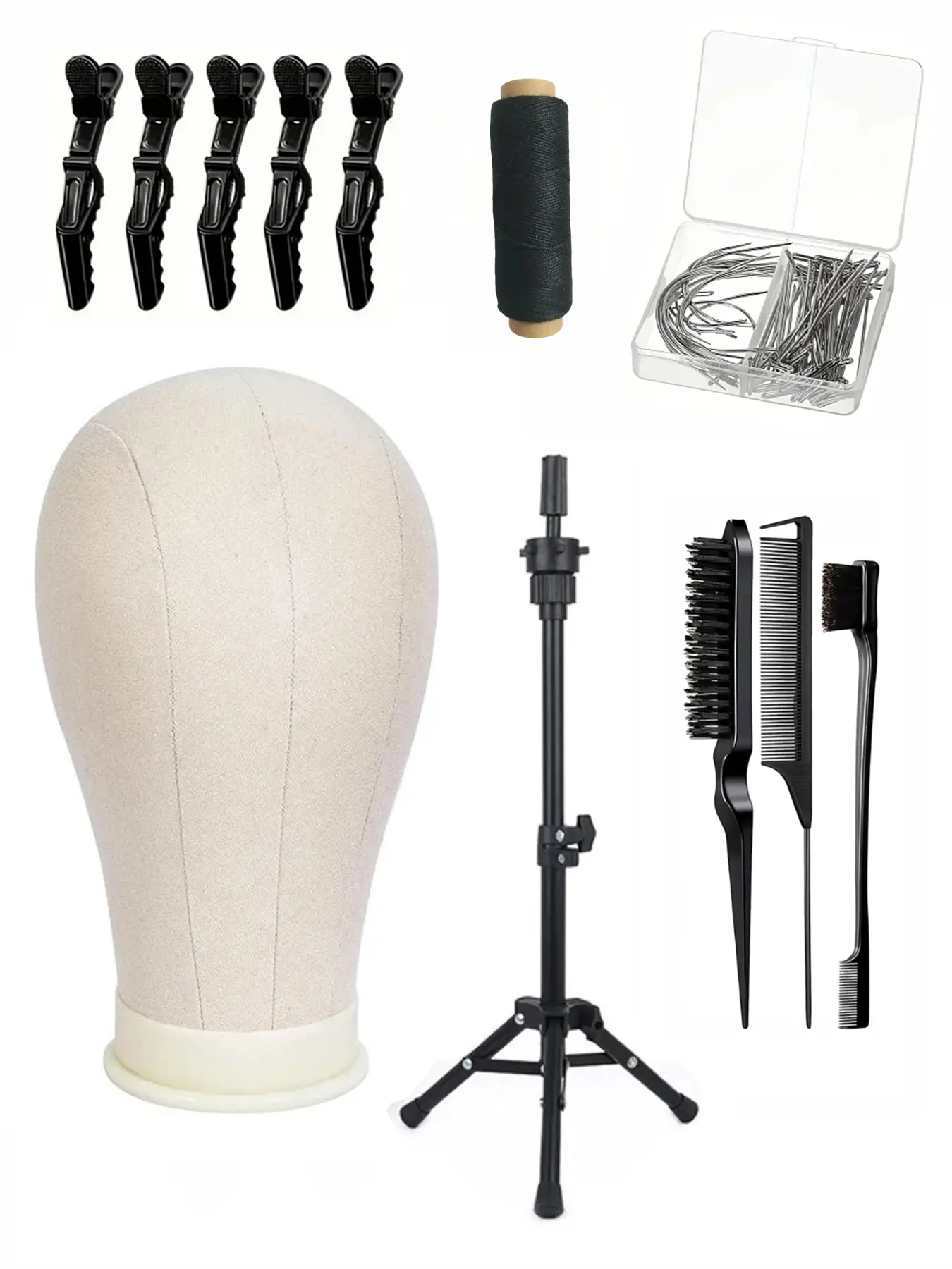 Complete Wig Styling Kit for Beginners, Includes 22-Inch Mannequin Head, Tripod Stand, T-Pins, Combs and Brushes, Halloween Ready Wig Installation Tool Set, Wig Styling Equipment