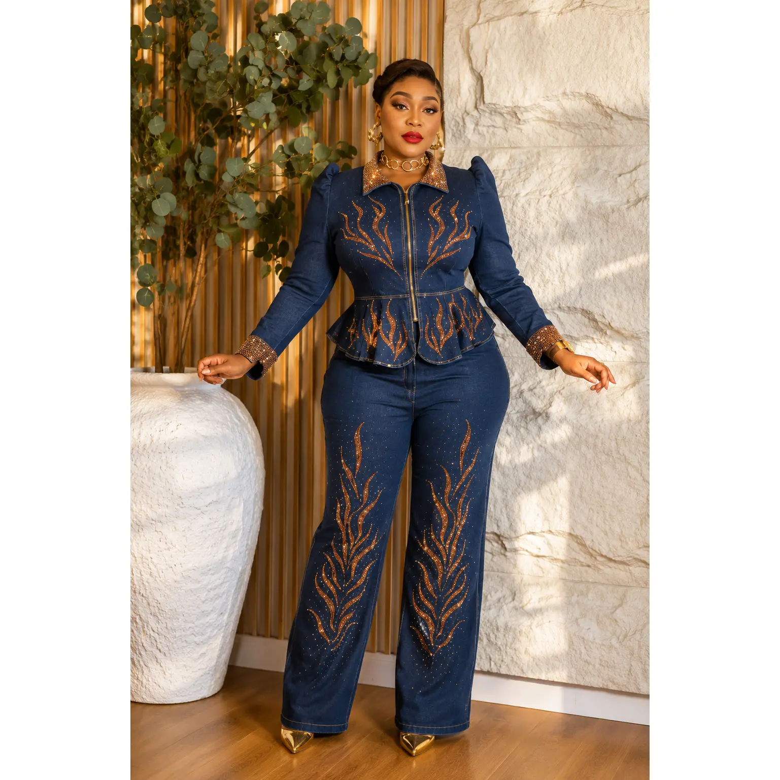 Blue Denim & Diamonds 2-Piece Party Outfit, Cotton Rhinestone Bling Curvy Plus Size Peplum Stretch Jeans Peplum Top & Wide-Leg Pants Set, Birthday Photoshoot Weekend Get-Together Cocktail Dinner