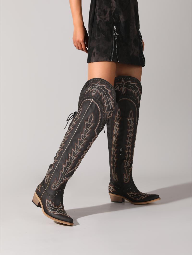 Denim Diva Thigh-High Cowgirl Boots for Women, Wide Calf Over-the-Knee Western Boots with Lace-Up, Embroidery, Side Zipper and Chunky Heel