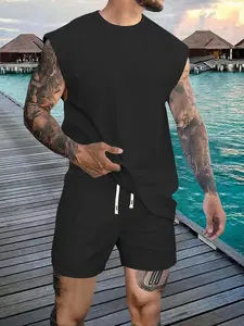 Men’s summer fashion set: loose tank top/T-shirt + shorts. Casual athletic streetwear for outdoor activities like hiking, camping, swimming, and beachwear; T-shirt and elastic-waist drawstring shorts. Ideal for summer vacations.