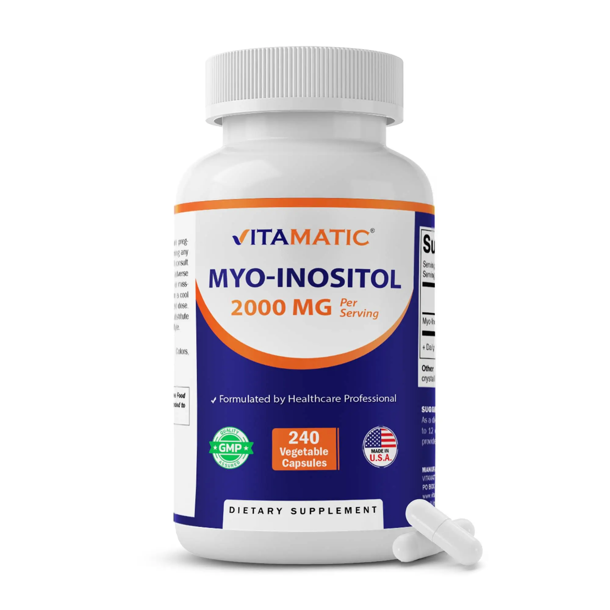 Vitamatic Myo-Inositol Daily Dietary Supplement - 2000mg Per Serving, 240 Vegetarian Caps, 60 Servings, Clean, Gluten/Sugar Free, Non-GMO, Dairy Free, GMP Certified, Allergy Safe, Made in USA for Adults