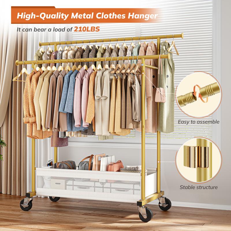 Raybee Double Hanging Rod Clothes Rack with Net Pockets, 3 in 1 Metal Clothing Rack with Wheels, Portable Rolling Garment Rack, Closet Rack for Bedroom, Apartment, Laundry Room, Bantique, Gold, Black, White