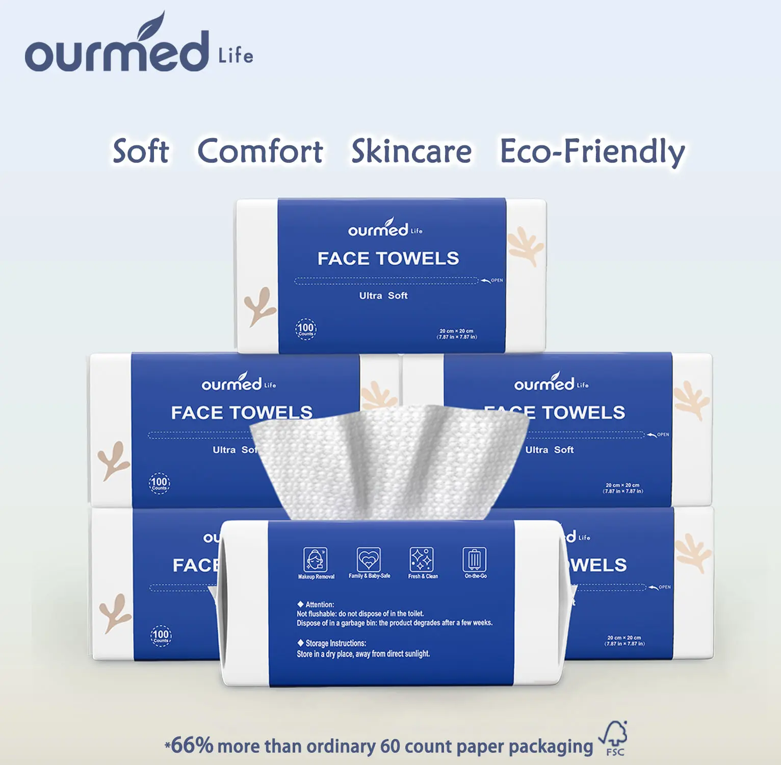 Ourmed Life Disposable Face Towels for All Skin Types, 600 Count - Ultra Value, Reduces Redness, Skin-Soothing, Gentle on Sensitive Skin, Biodegradable, Skincare, Women’s Cleansing, Absorbent Dry/Wet Wipes for Cleansing, Makeup Remover 300CT
