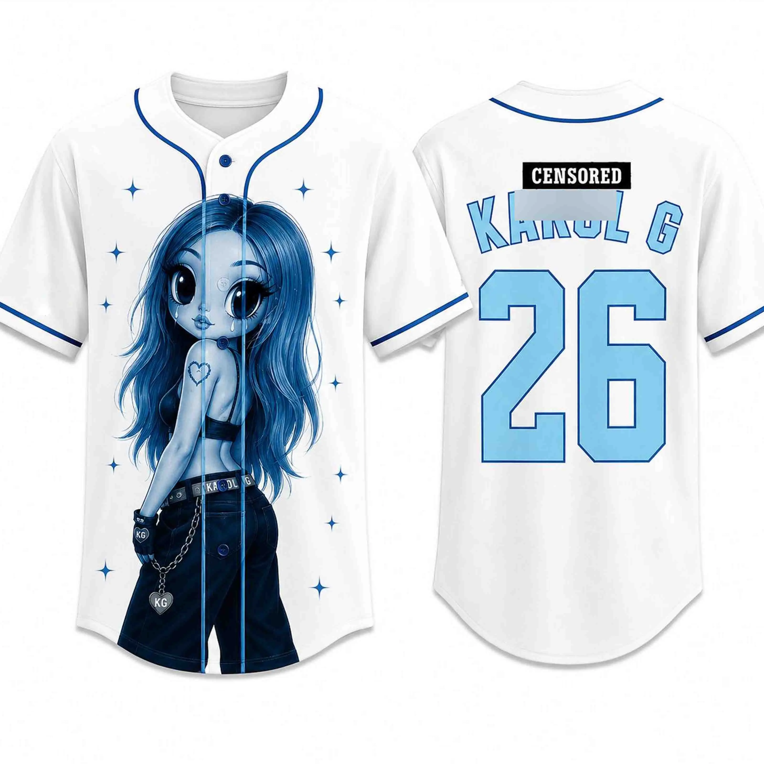 Blue Heart Era Inspired Baseball Jersey Women's Graphic Button Up Shirt Latin Pop Fan Apparel Concert Outfit Festival Gift for Her