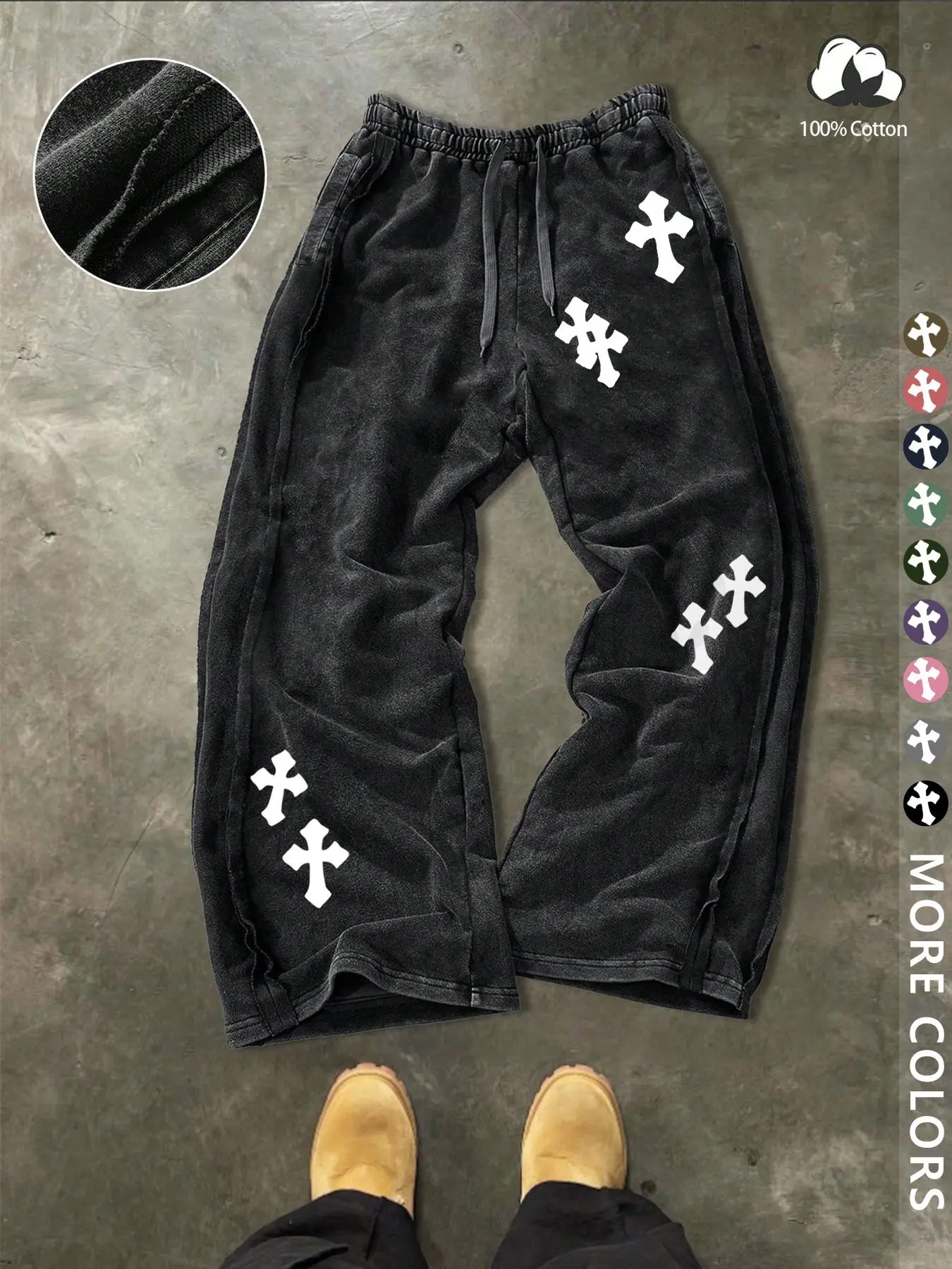 Unisex Street Style Cross Pattern Washed Sweatpants, Loose-Fit, Drawstring Waist, Cotton Fabric, Y2K Trousers, Ideal Gift, Streetwear, Casual Fashion Bottoms