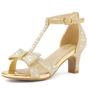 Girl Dress Shoes Girls High Heel Sandals Pump Open Toe T Strap Rhinestone Sandals Wedding Party Prom Shoes Little Big Kids