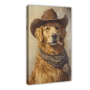 Cowboy Dog Canvas Art, Golden Retriever with Hat And Cigar, Western Wall Decor, Vintage Country Pet Portrait