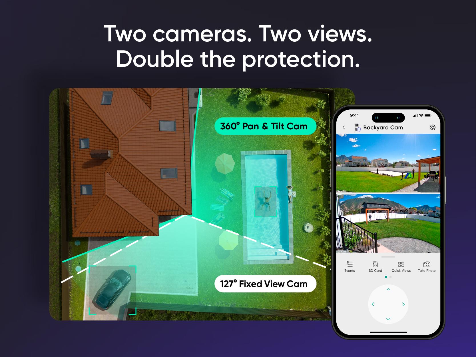 Wyze Duo Cam Pan — Wired 2K Dual Security Camera, Indoor/Outdoor, Pan Tilt Zoom (PTZ) w/ 360° Motion Tracking, Color Night Vision, 2 Camera Surveillance, Siren, Spotlight, 2-Way Audio, Works with Alexa & Google Assistant