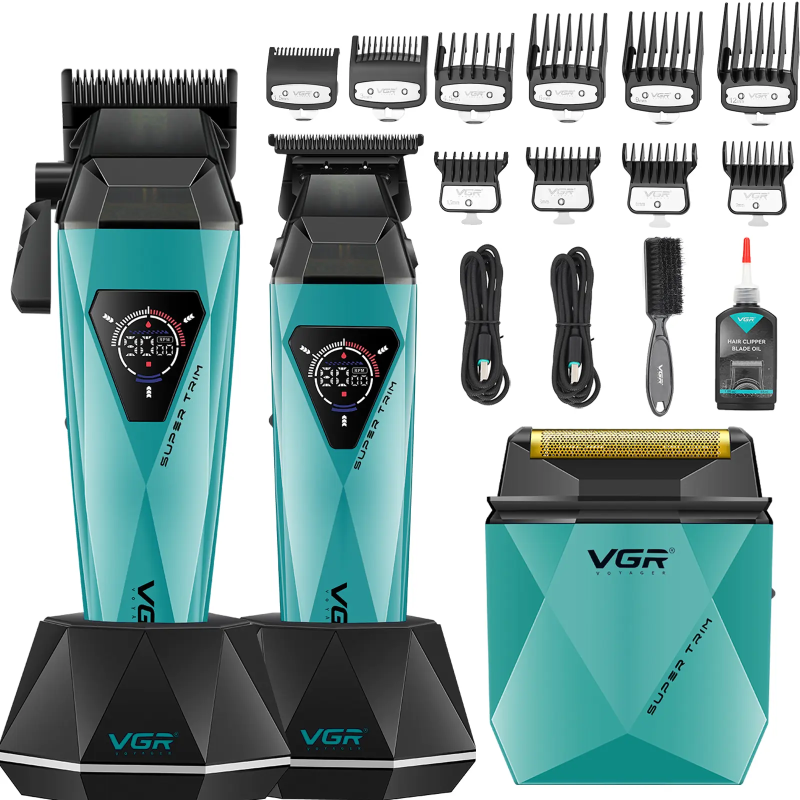 VGR 877S3 Professional Barber Clippers and Trimmer Set Cordless Hair Clippers for Men with Foil Shaver Mens Hair Cutting Kit with LED Display Charging Base Barber Kit for Men Grooming summerwins