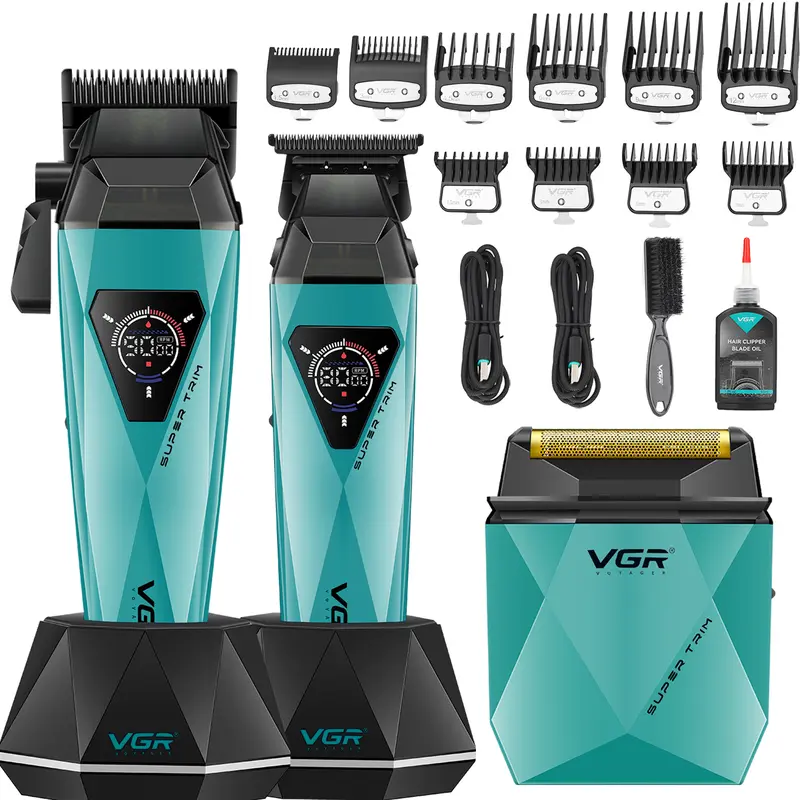 VGR 877S3 Professional Barber Clippers and Trimmer Set Cordless Hair Clippers for Men with Foil Shaver Mens Hair Cutting Kit with LED Display Charging Base Barber Kit for Men Grooming tiktokshopbacktoschool