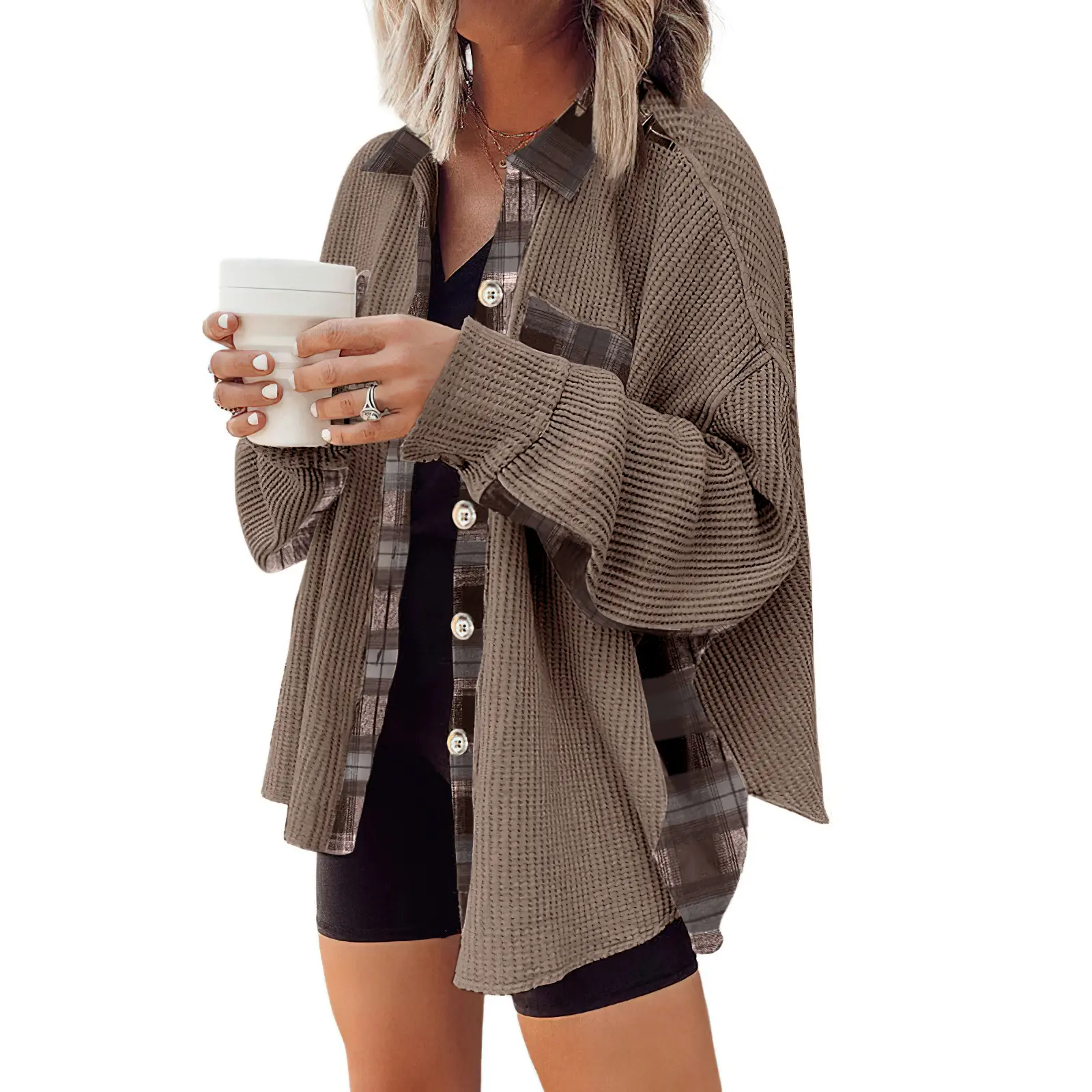 CHOUYATOU Women's Cute Casual Plaid Patchwork Shacket, Waffle Long Sleeve Collared Loose Fit Button Down Top,back to school,back to school shopping, Chic