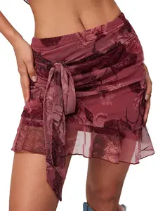 2026 Viral Maroon Floral Mesh Wrap Mini Skirt  Romantic Coquette Rose Print Skirt | Vintage Ruffle Hem Side Tie Skirt for Date Night & Vacation