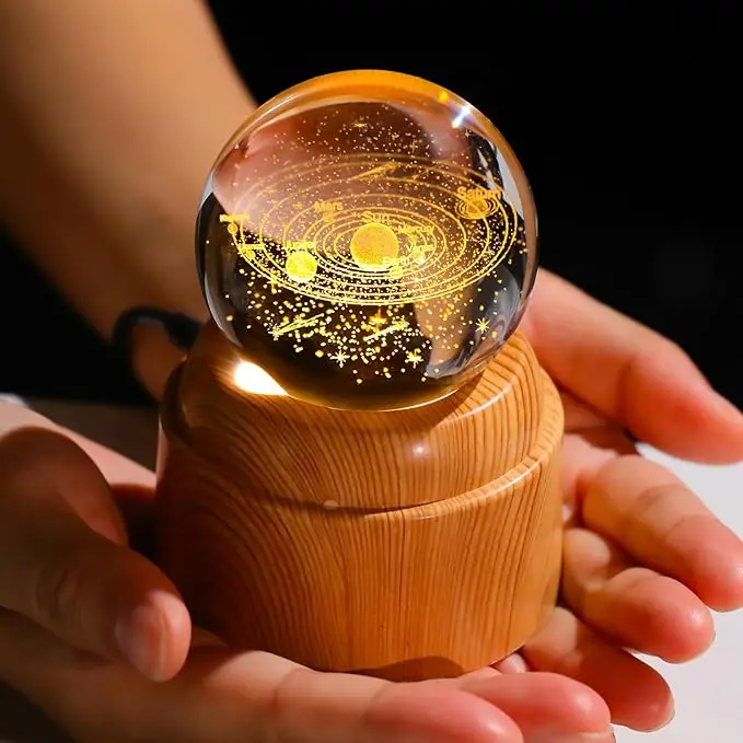 2.36-inch 3D Cosmos Solar System Crystal Globe with Rotating Wooden Base, Cosmic Planetary Night Light, Glass Orb Decorative Ornament, Paperweight, Crystal Graduation Gift for Boys and Girls, Father