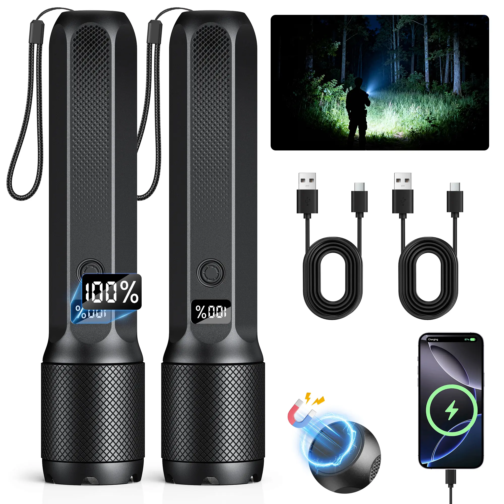IMOLI 2pcs USB Rechargeable High Lumens Multifunctional Flashlights - LED Digital Display, Magnetic Base, 2000LM, 7 Modes, Work Light for Mechanics, Camping, Hiking, High Lumens Flashlight, Multifunctional Flashlight