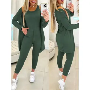 Three-piece casual suit - crew neck vest, long-sleeved cardigan, sweatpants two piece set women