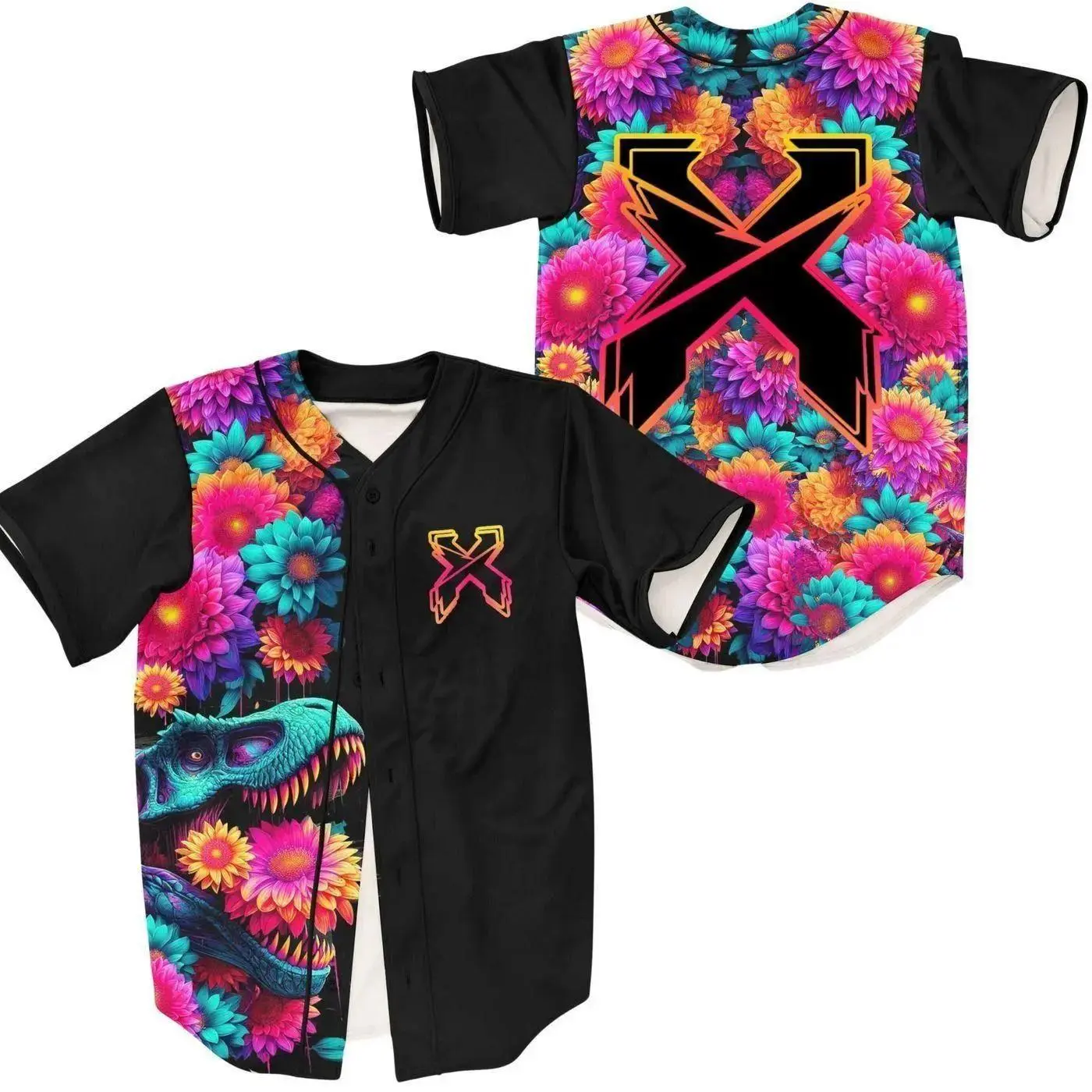 Excisi0n DJ Trippy Floral T-Rex Rave 3D All-Over Print Jersey, Electronic Music Producer Compression Wear, Rave EDM Festival Sport Team Game Day Outfit, Fan Gift
