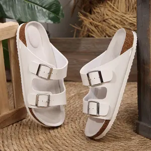 Women's Faux Leather Two Strap Buckle Slides Cork Footbed Comfort Slippers Indoor Outdoor Shoes