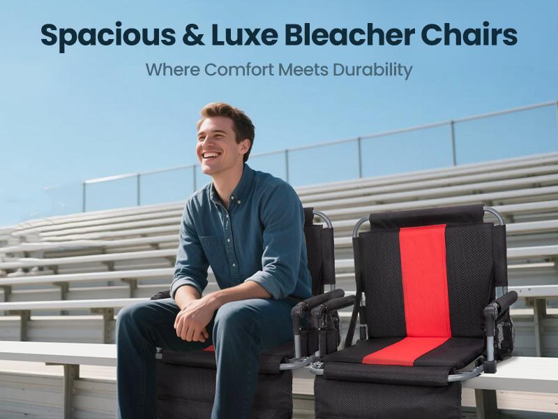 PHI VILLA Folding Stadium Seat Bleacher Chair with Cup Holder, Mesh Bag and Hide Hooks, Portable Stadium Chair with Back and Cushion Red