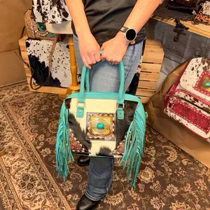 Turquoise Cowhide Fringe Western Satchel