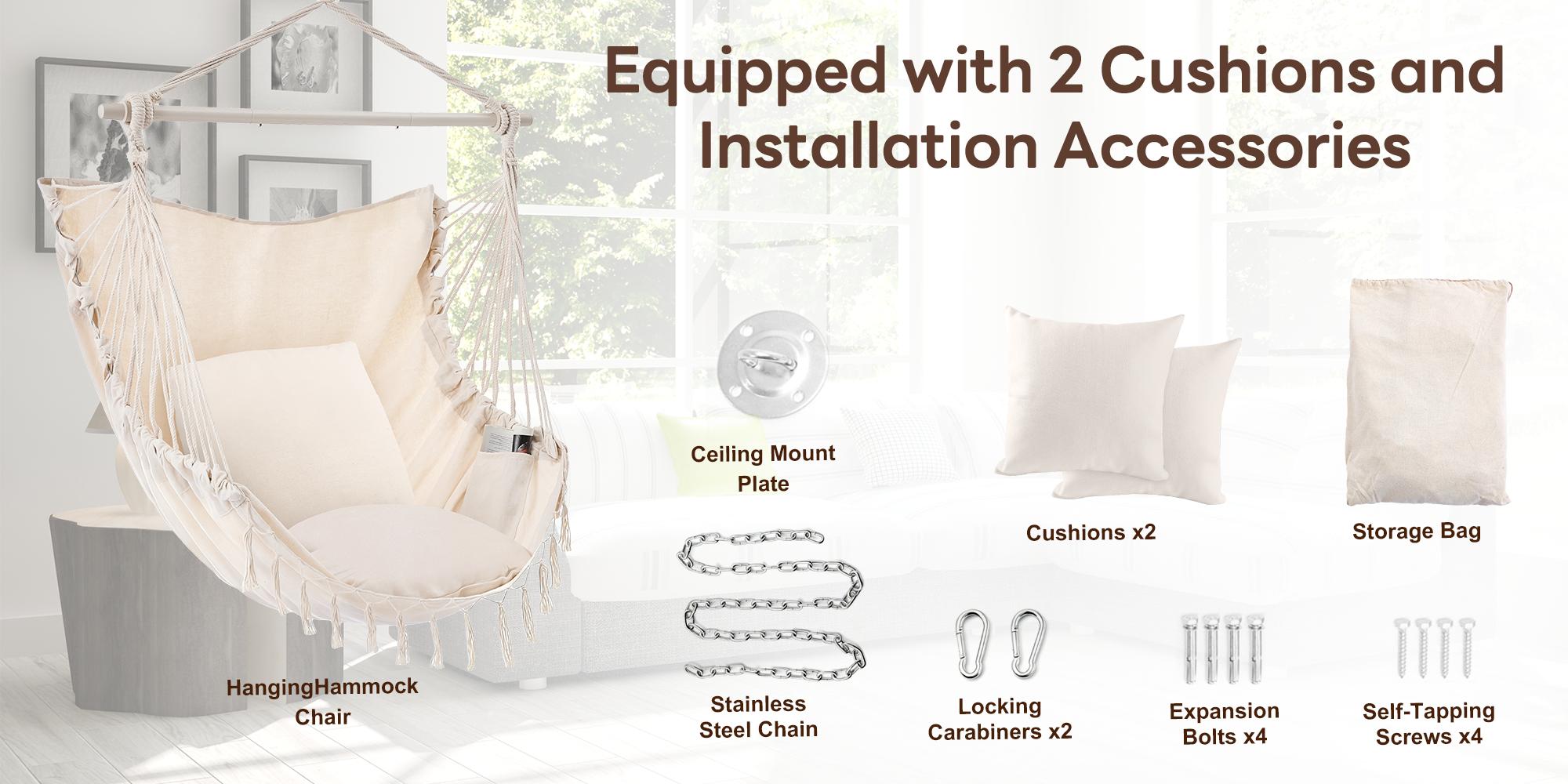 Single Hammock Chair with 2 Cushions, Hammock Swing, Macrame Hammock with High Load-Bearing Metal Rod, Indoor＆Outdoor