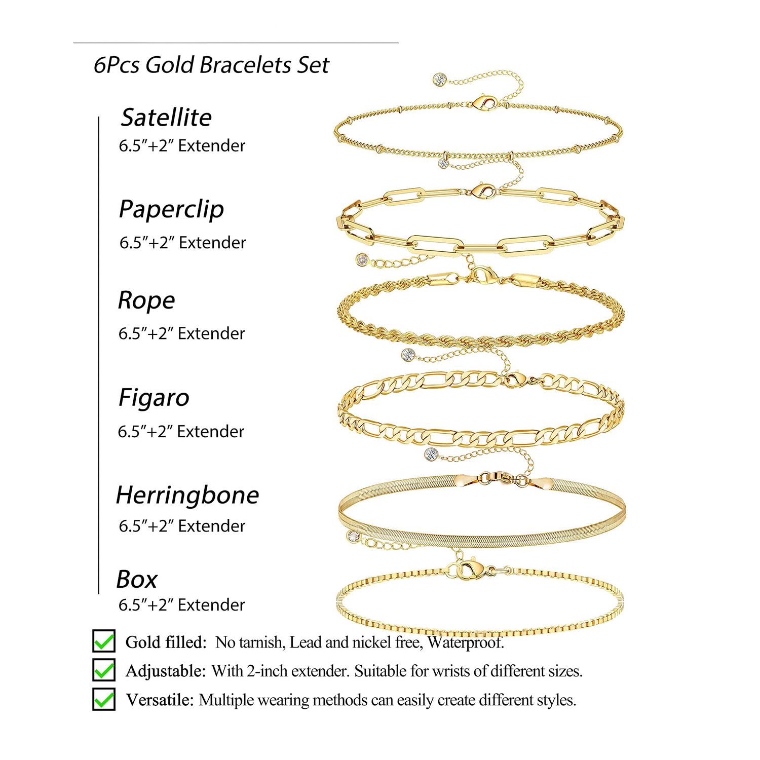 Tewiky 14K Gold Plated Copper Bracelets for Women Waterproof, Jewelry Sets for Women Trendy Thin Dainty Stackable Cuban Link Paperclip Chain Bracelet Pack Fashion Accessories Gifts for Womens For Valentine's Day gifts