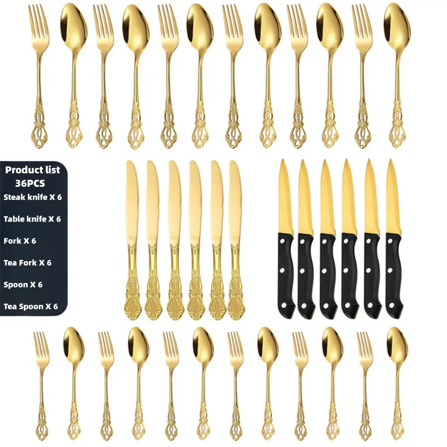 Royal Collection 36-Piece Stainless Steel Utensil & Dinnerware Set for 6 - Gold/Silver, Knives, Spoons, Teaspoons, Dessert Forks, Steak Knives, Dishwasher-Safe, Everyday Fork and Spoon Set, Ideal for Home Parties, Housewarming, Utensil Set, 36 Pieces