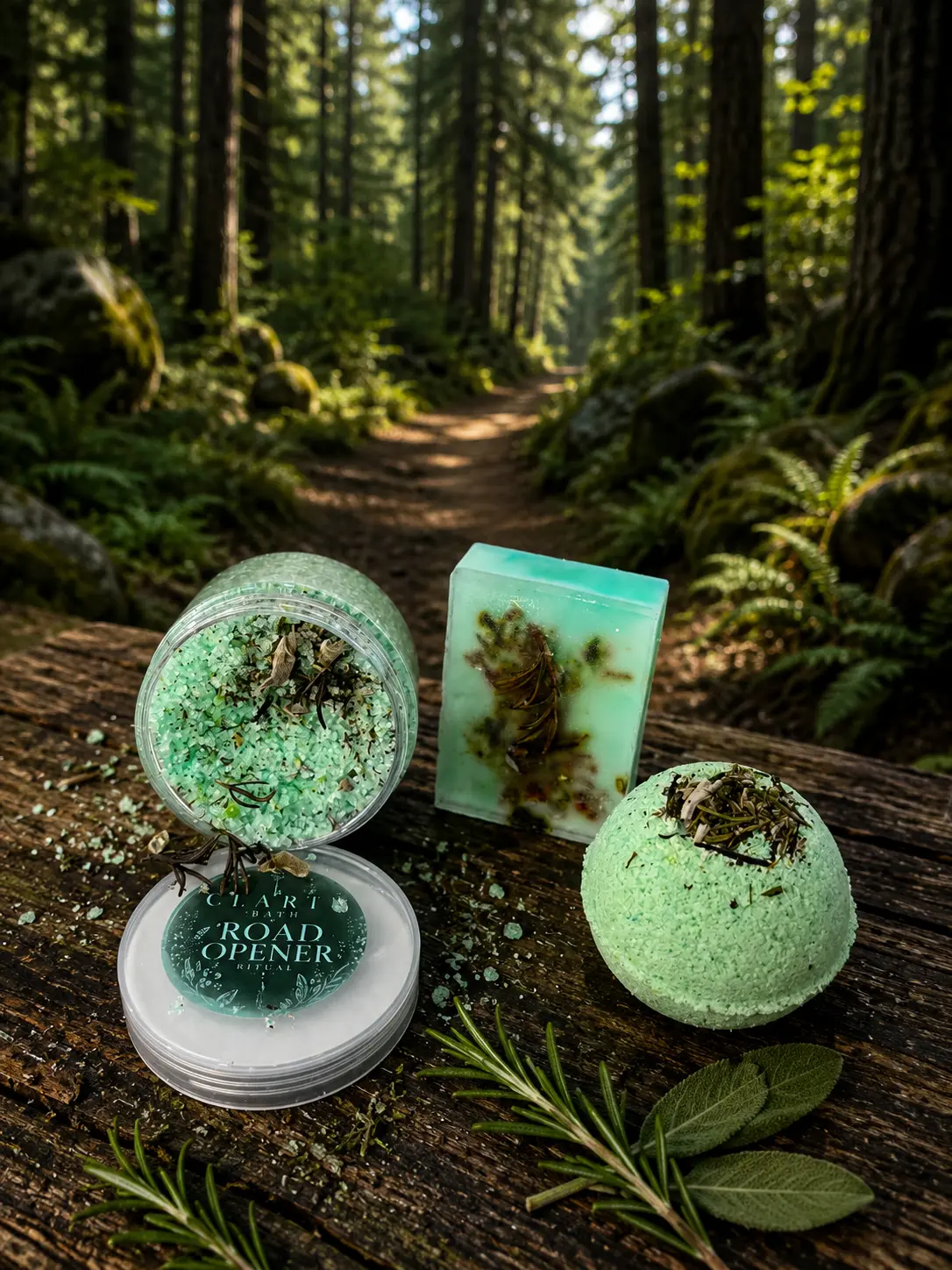 Road Opener | Sage Mint & Eucalyptus, Bath Bomb, Soap and Epsom Salt Scrub | Abundance Self Care Set | Clarté Bain