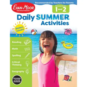 Evan-Moor Daily Summer Activities, Grade 1-2 Workbook, Stickers, Prevent Learning Loss, Reading, Writing, Math, Phonics, Spelling, Nouns, Verbs, Synonyms, Handwriting, Word Problems, Geography, Maps Paperback – Student Edition, January 1, 2018