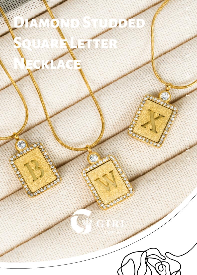 GGIRL 18K Gold Plated Square Hollow Letter Necklace With Stainless Steel Name Pendant Inlaid Rhinestone Edge Elegant Everyday Jewelry For Women Self Love Fashion Pendants Fashion Jewelry Gift for Holiday Haul Christmas Birthdays Anniversaries