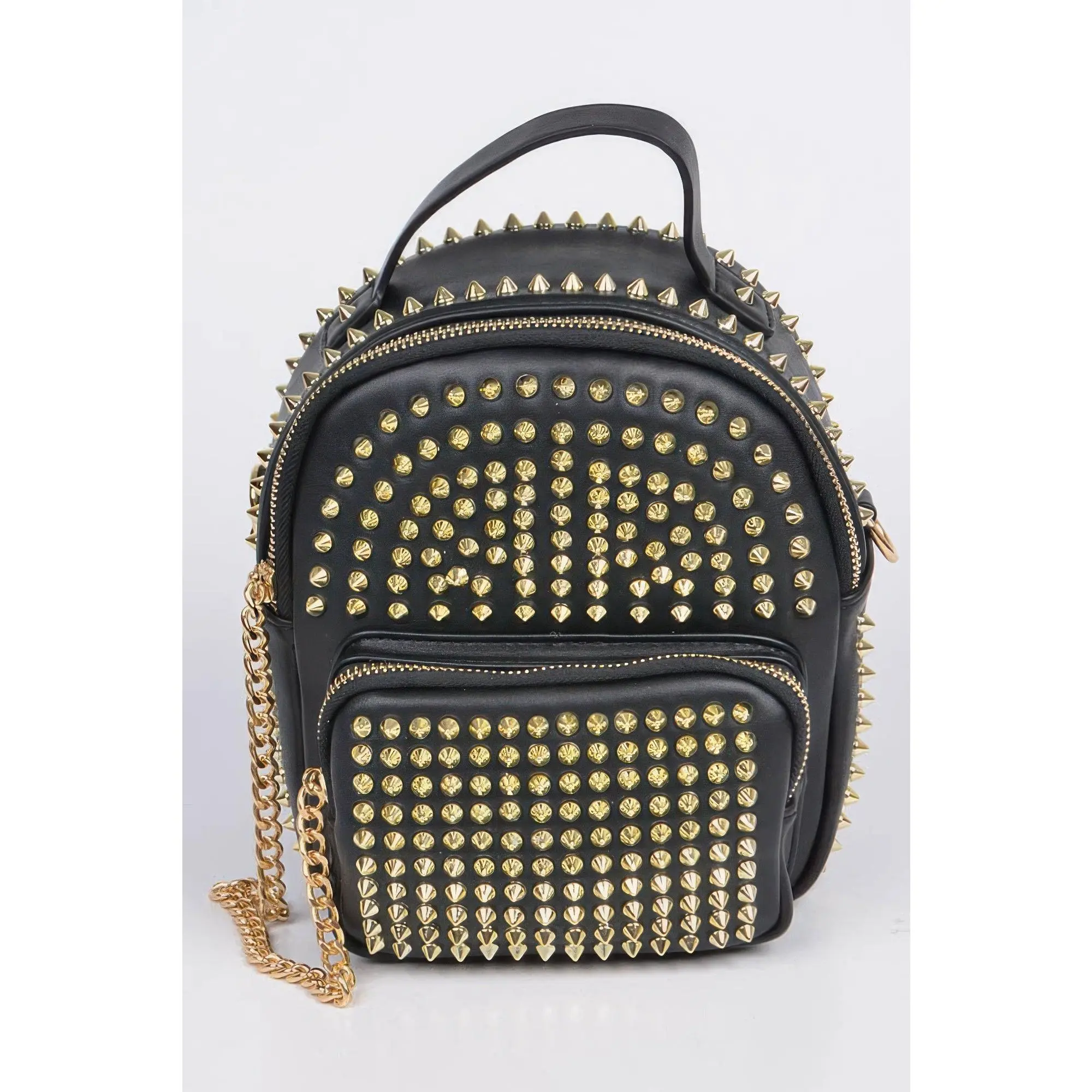 Edgy Studded Polyurethane Backpack - Mixed Metal Chain Zipper, Durable Compact Daily Pack with Quality Craftsmanship for Night Out Style, Date Night Outfit, Parties, Adjustable Strap, Studded Detailing, Night Out Outfit, Bold, Fashionable Design
