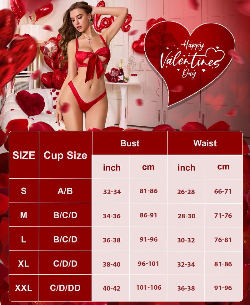 RSLOVE Valentine's Day Lingerie Sets for Women Sexy Satin Bow 2 Piece Bra and Panty Sets with Underwire Cups & Adjustable Straps The Ultimate Holiday Gift For Her Fit Matching Silky