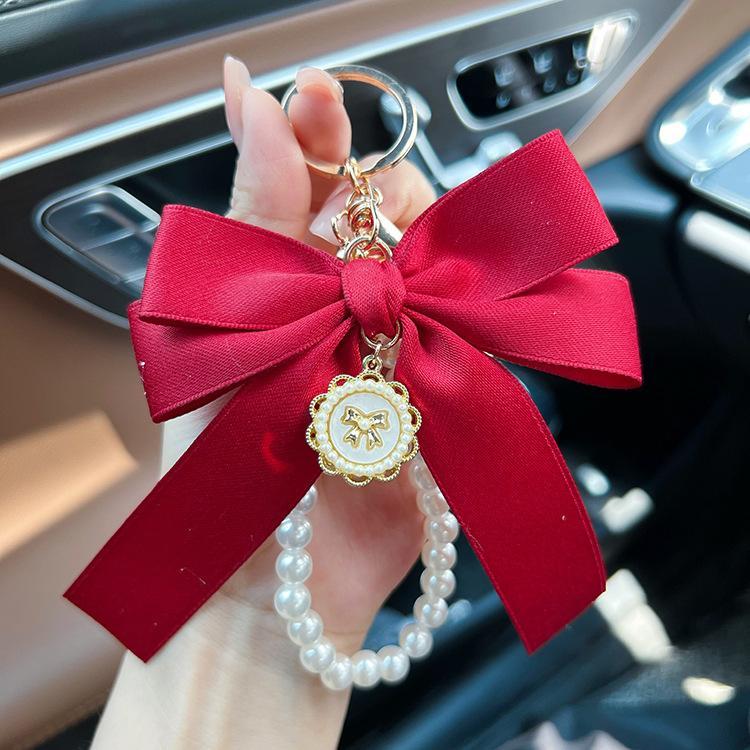 Pearl Bow Keychain, Cute Pink Bowknot & Pearl Keyring Charms, Aesthetic Keychain
