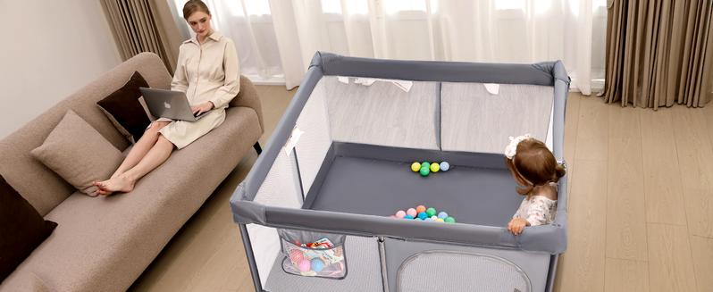Foldable Baby Playpen, Extra Large Collapsible Play Yard for Babies & Toddlers, Portable Travel Playpen with Gate, Safe Indoor & Outdoor Activity Center (51"×51" Gray)
