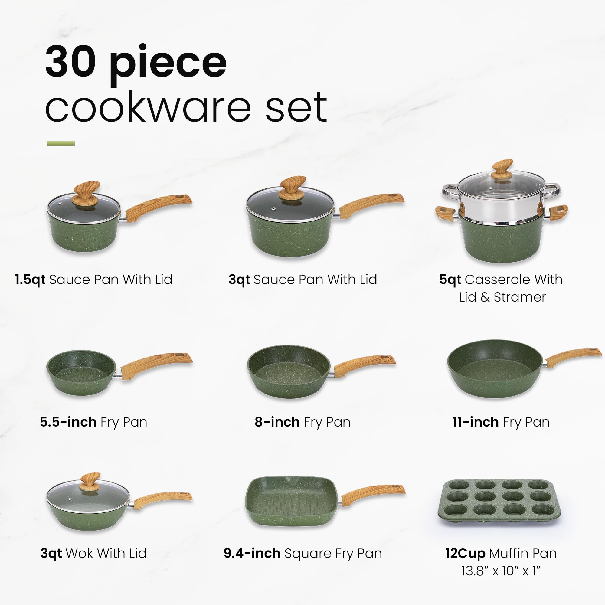 Kitchen Academy Set of 30 Pieces - Induction Cookware with Nonstick Granite Stone Coating, Includes 5 Casserole Lids, Various Woks and Frying Pans