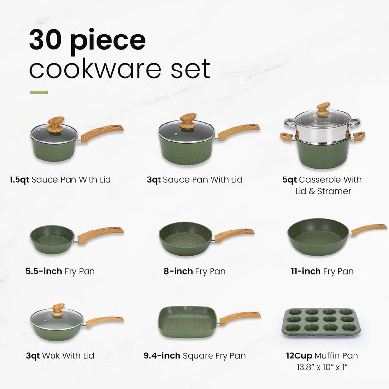 Kitchen Academy Set of 30 Pieces - Induction Cookware with Nonstick Granite Stone Coating, Includes 5 Casserole Lids, Various Woks and Frying Pans