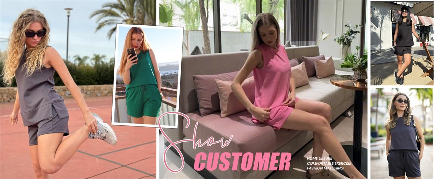 PINSPARK Two Piece Sets for Women Summer Sleeveless Lounge Set Crewneck Tops Sweatsuit Drawstring Shorts Tracksuit Outfits Springtok Pants Clothes Outdoorfun Polo Casual