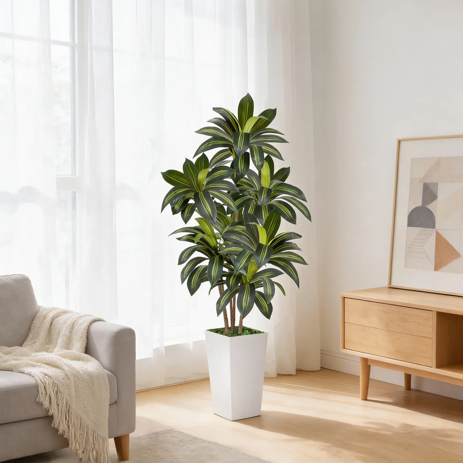 Plastic Artificial Dracaena Tree with White Planter - 5FT/6FT (60-In Plant Trees), Photorealism Faux Potted Plant for Indoor Home, Entryway Decor, Office Decoration Supplies