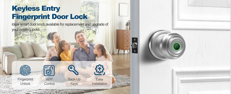 Fingerprint Door Lock, Smart Fingerprint Door Knob with Lock, Biometric Door Locks with App Control & Key, Keyless Thumbprint Entry Door Locks for Bedroom, Front Door, Home, Apartment-Silver