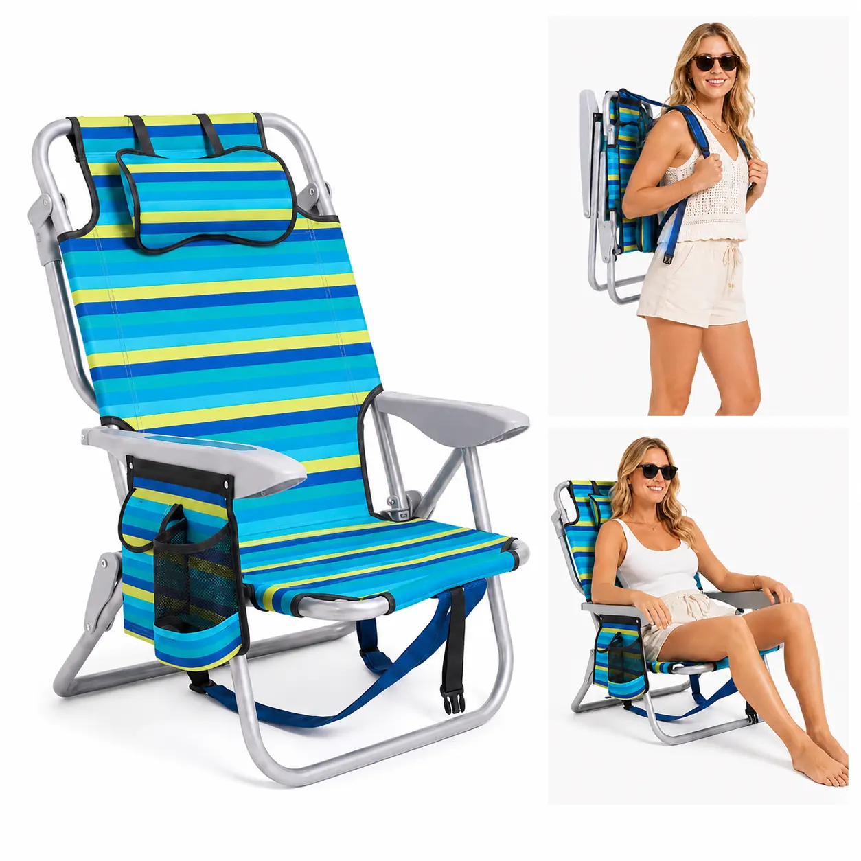 Striped Foldable Reclining Single-Seat Beach Chair - Portable 5-Position Outdoor Chair with Shoulder Strap, Carry Handle for Beach, Camping, Beach Chair Foldable, Folding Chair Camping