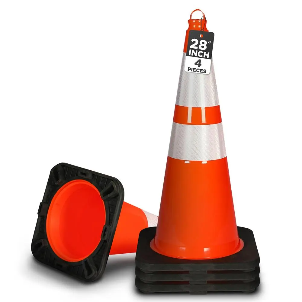 28" Traffic Cones - 4 Pack | High Visibility Reflective PVC Safety Cones with High- Density Base - Stackable Road Cones for Outdoor Parking, Construction, Roadwork & Crowd Control