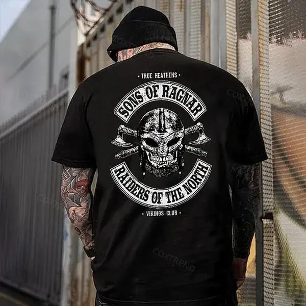 Men's Cotton Short-Sleeve Soft T-Shirt - True Heathens Sons Of Ragnar Raiders Of The North Vikings Club Graphic Print, Round Neck, Casual Summer Menswear, Machine Washable