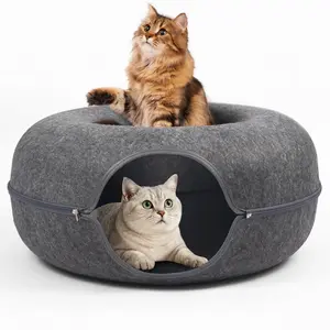 Cat Bed Large Cat Cave Tunnel Detachable Scratch Resistant Peekaboo Cat Hideaway Donut Kitty Nest Indoor Cat Cave Bed for Multiple Cats Kittens