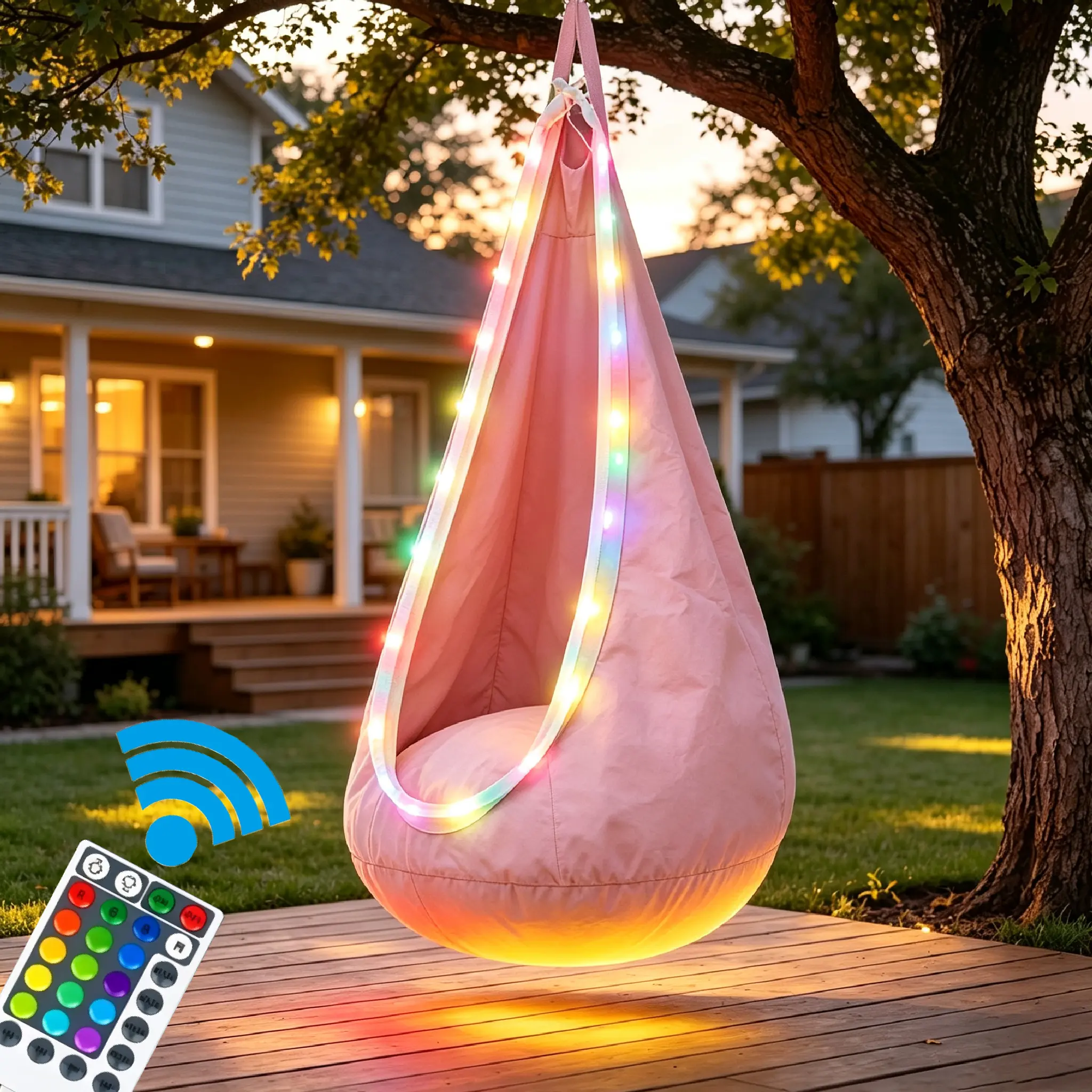 LED Light Up Sensory Pod Hanging Hammock Chair, Remote Controlled Adjustable Color LED Swing Seat, 176 LBS Load, Indoor Outdoor Patio Backyard Relax Decor
