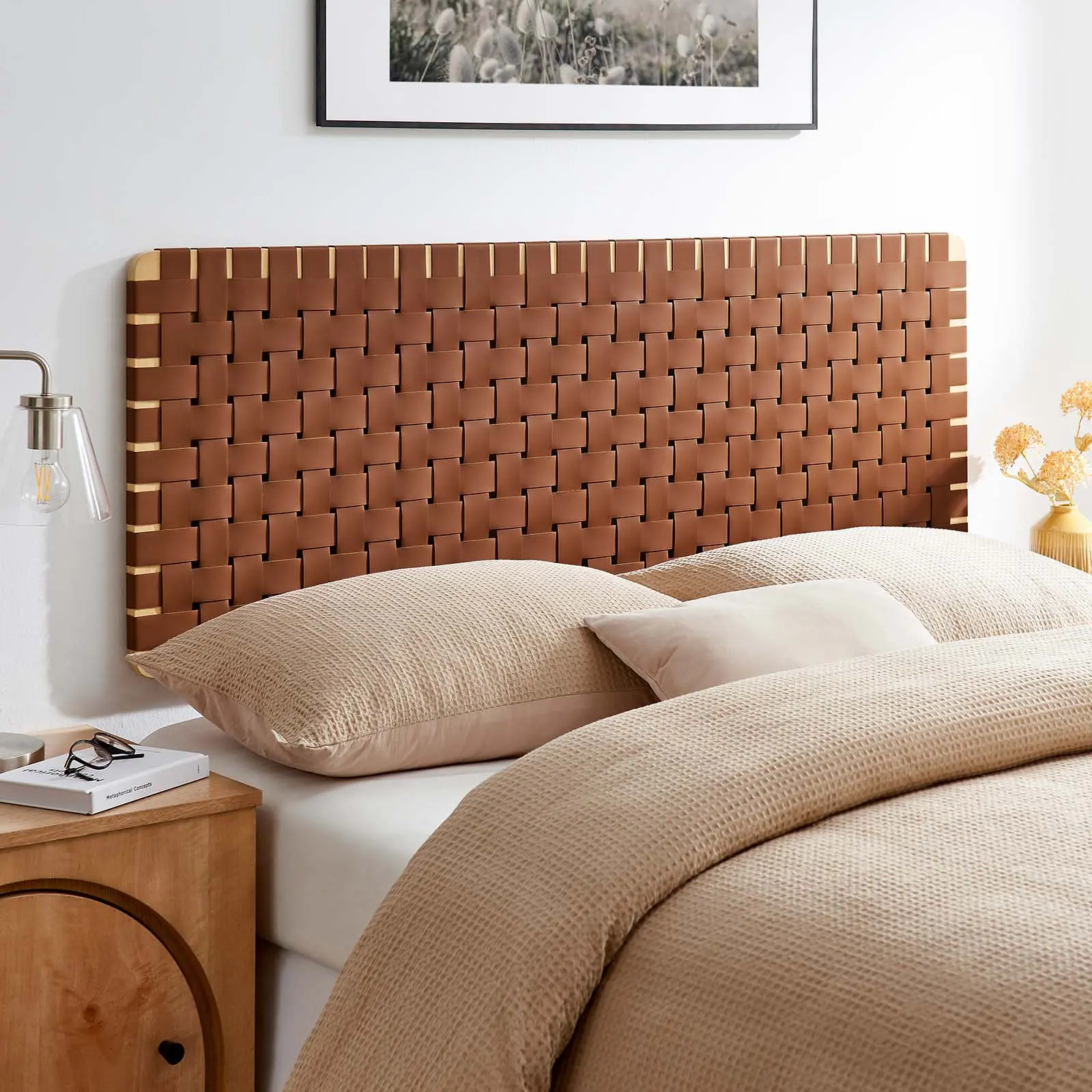 Modway Sparta Basket Weave Adjustable Wall-Mount Queen-Size Faux Leather Headboard, Natural Brown Indoor Furniture for Guest Bedroom, Headboards