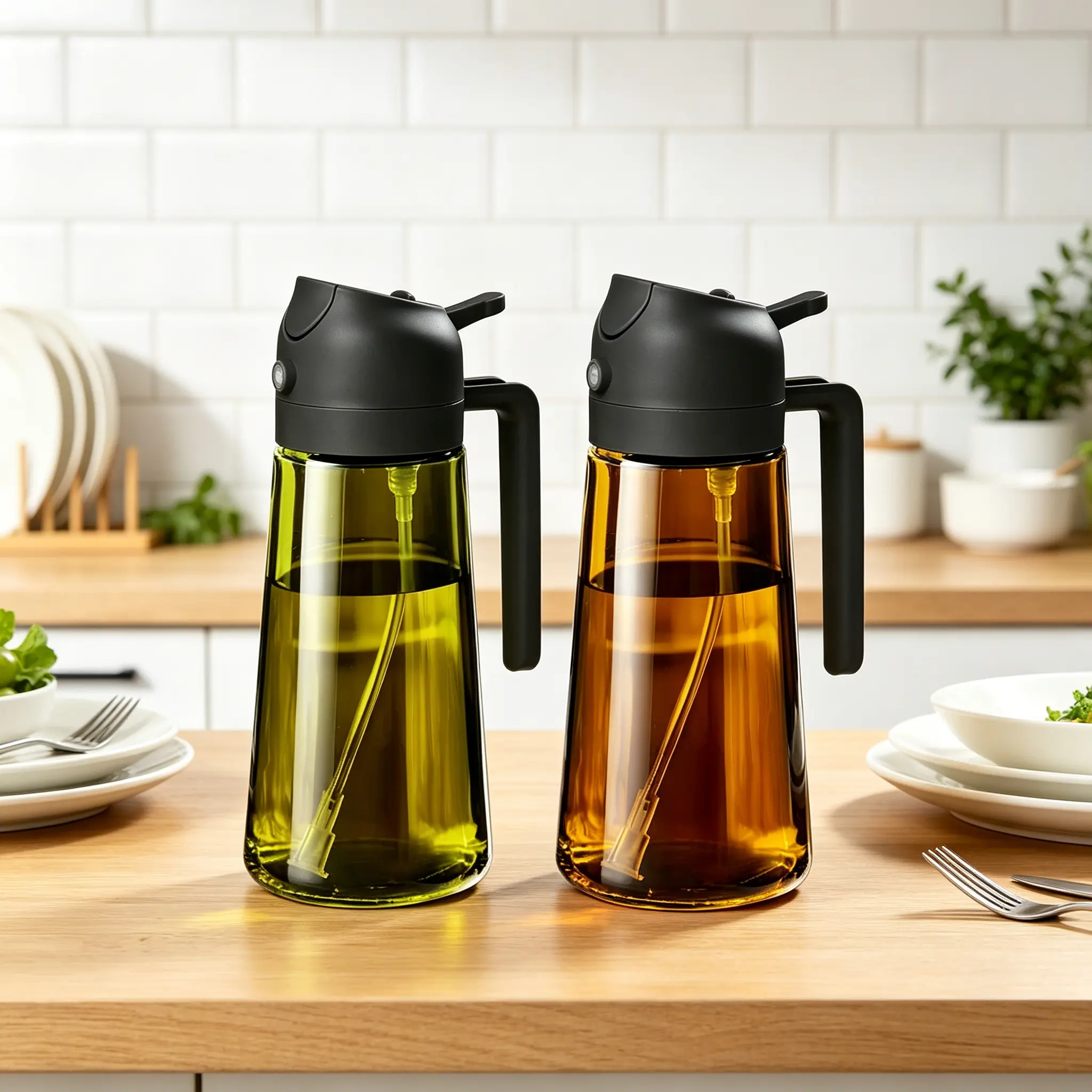 2 Pack 2 in 1 Glass Oil Dispenser Sprayer | 16oz Portion Control | For Air Fryer/BBQ/Salad/Frying (Black+Green+White)