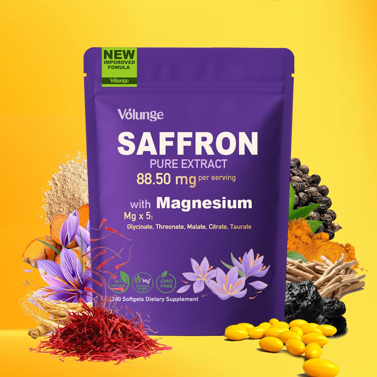 Volunge Saffron Supplement 88.5mg with 5 Types of Magnesium – Mood, Focus, Energy & Eye Health – Non-GMO, Vegan – 240 Softgels