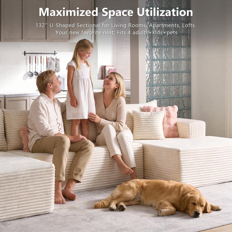 CAODOC Cloud Couch Sectional Modular Sofa, 135" Boneless Couches Sofa for Living Room, Modern Plush U Shaped Sofas Corduroy Couch Sectional with Chaise Lounge