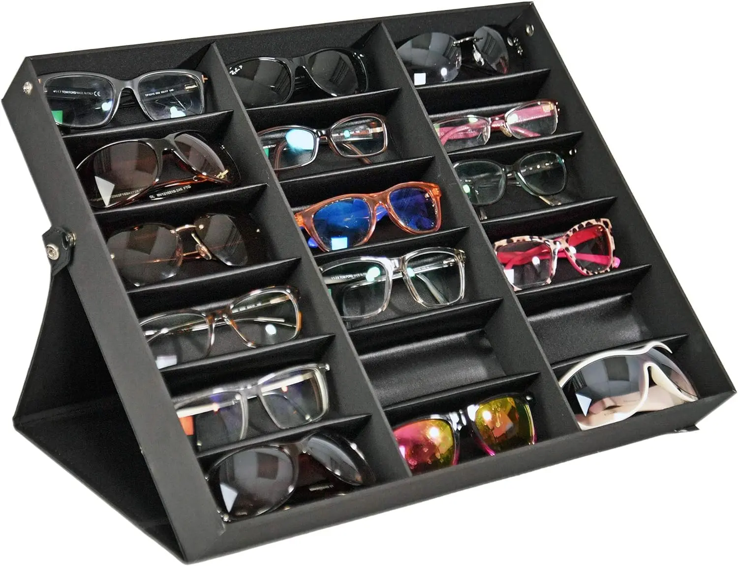 Elegant Black Sunglasses Display Case with 18 Compartments for Organizing and Storing Multiple Pairs of Glasses