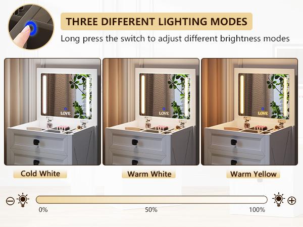 3 in 1 Small Miu Vanity with Mirror, 3-Color Adjustable Lighting, Cushioned Stool for Bedroom Organization & Beauty Routines